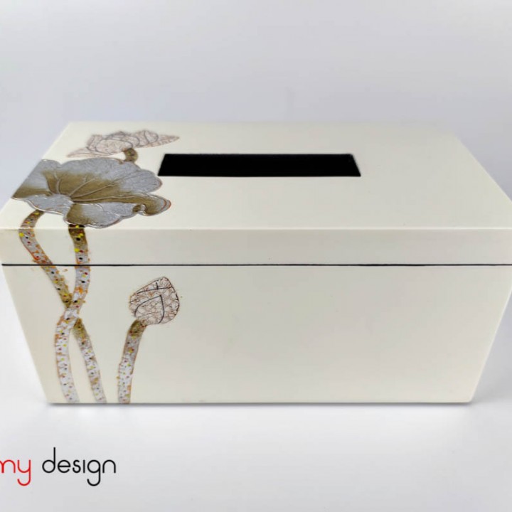 Rectangular lacquer tissue box with eggshell lotus -12x25 cm